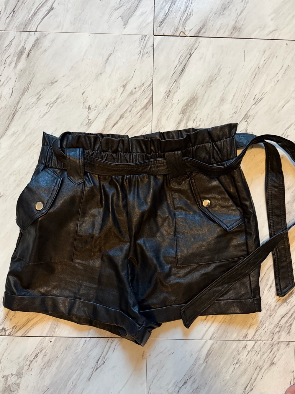 Black Faux Leather Paperbag Waist Shorts with Belt